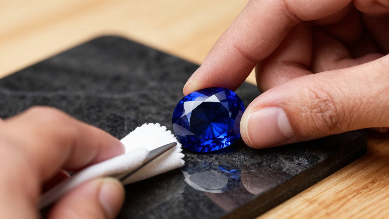 Manos expertas inspeccionan un zafiro azul brillante sobre una superficie de mármol o madera pulida.