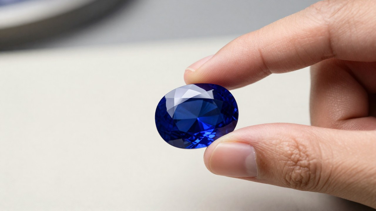 Manos sosteniendo un zafiro azul profundo sobre una superficie de joyero para su inspección y cuidado.
