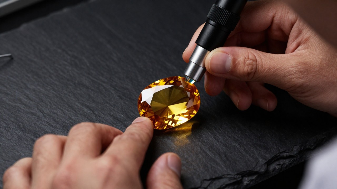 Gemólogo examinando un citrino pulido con precisión, asistido por lupa e instrumentos de prueba en una superficie de pizarra.