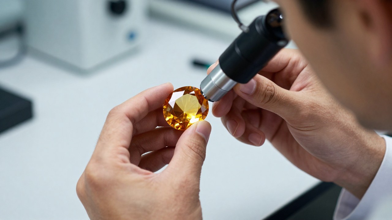 Gemólogo examina un citrino vibrante con herramienta óptica, evaluando su claridad y facetas en el laboratorio.