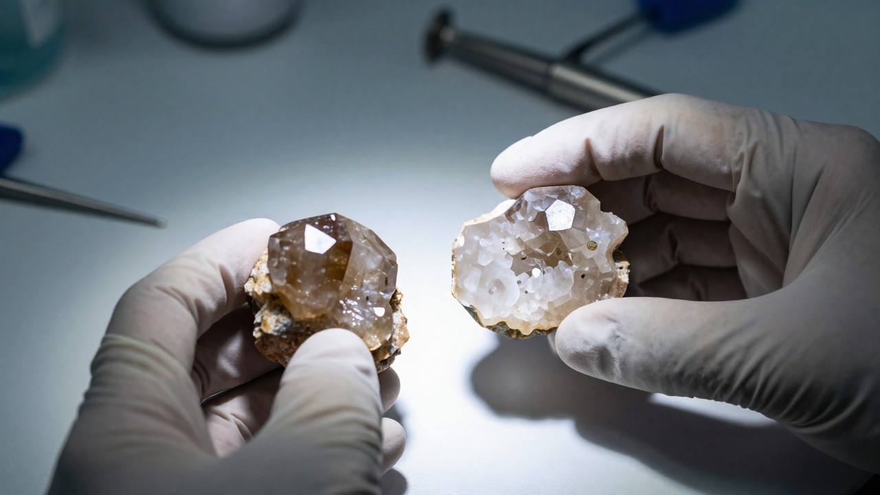 Mineralogista examina cuarzo ahumado natural y sintético en el laboratorio para una comparación detallada.