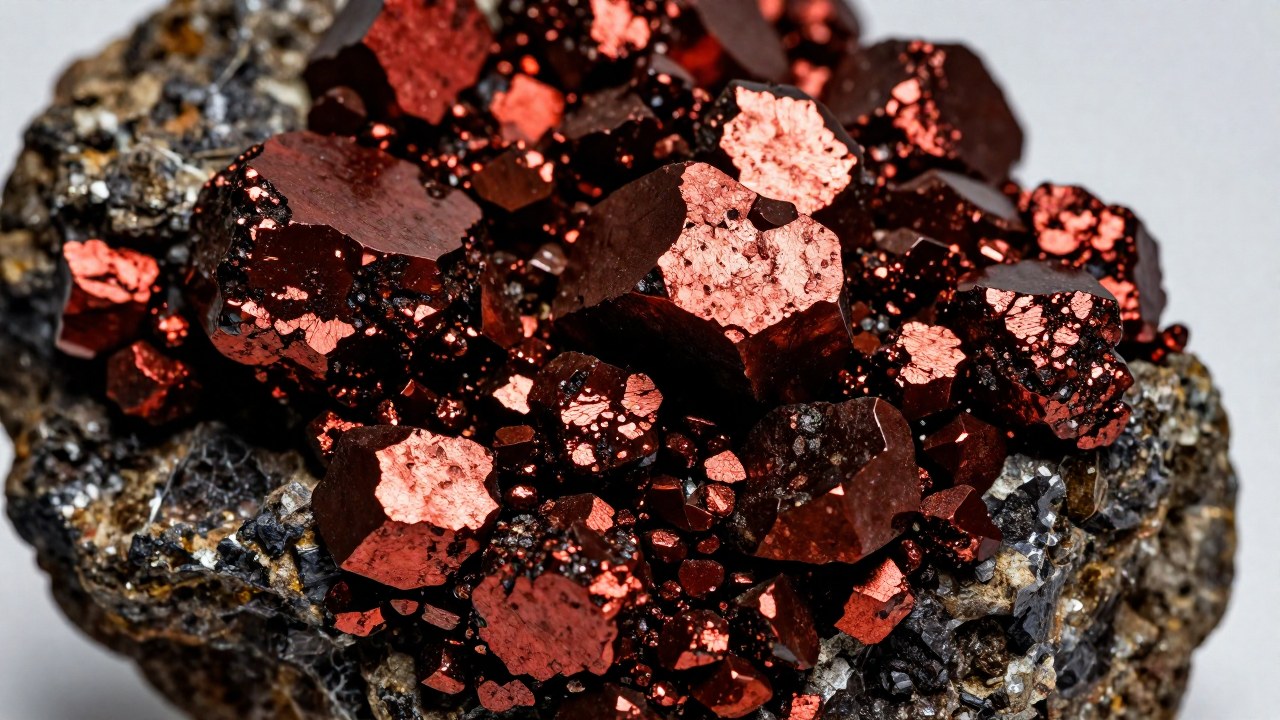 Muestras de hematita con textura metálica rojiza y marrón, mostrando su composición mineral en una matriz geológica.