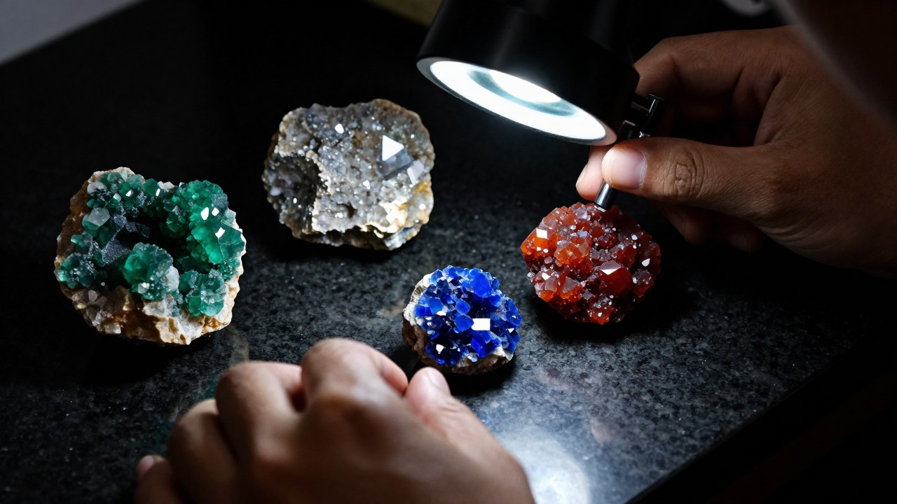 Manos examinando especímenes minerales bajo lupa para verificar la autenticidad y la estructura de las piedras.