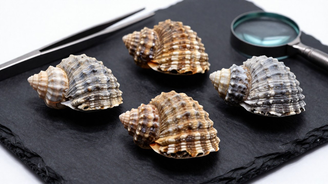 Tres fósiles minerales de braquiopodo dispuestos en una pizarra, listos para su estudio científico.