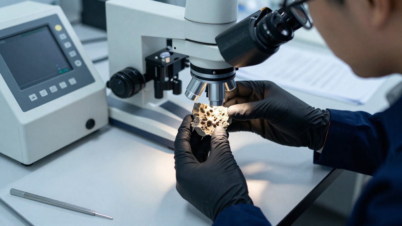 Manos enguantadas de un mineralogista examinan un fósil complejo bajo un microscopio de laboratorio.