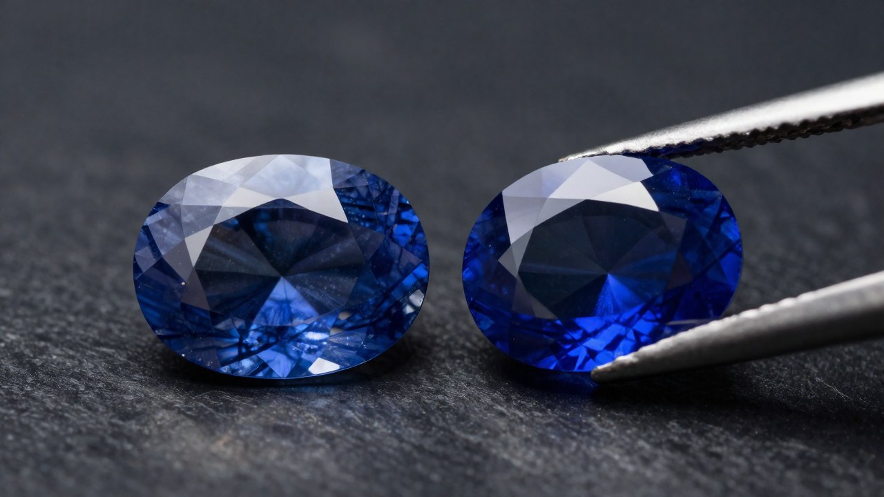Dos zafiros azules se comparan, mostrando la diferencia entre la claridad sintética y las inclusiones naturales.