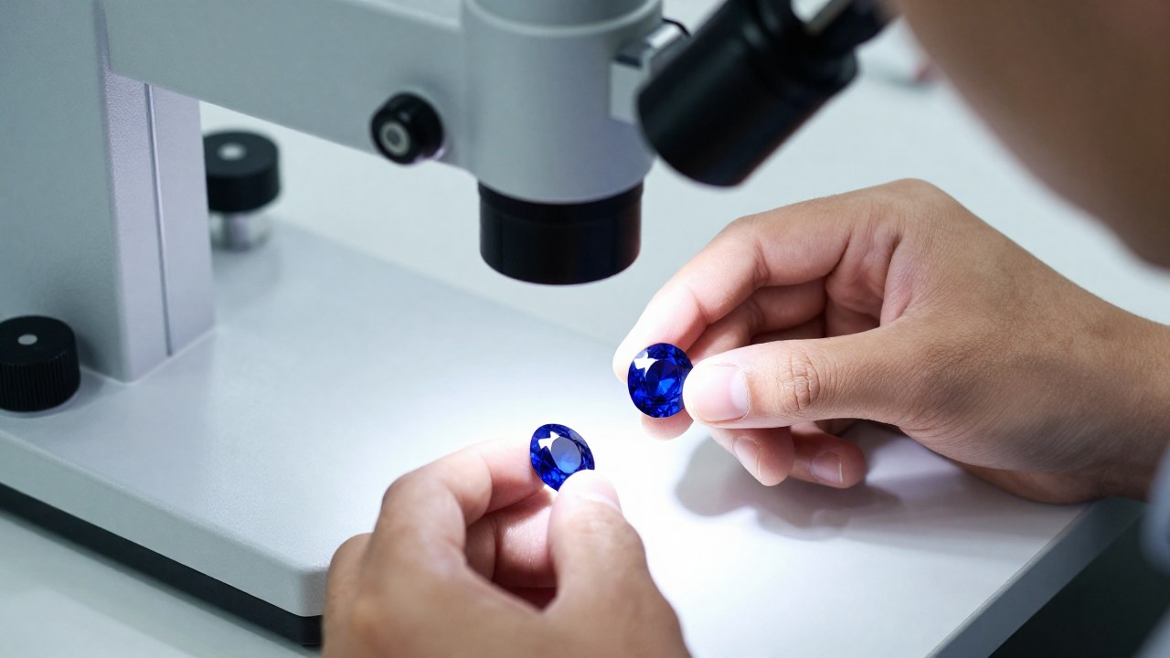 Manos de un gemólogo examinan sapphires azules para distinguir entre muestras naturales y sintéticas.