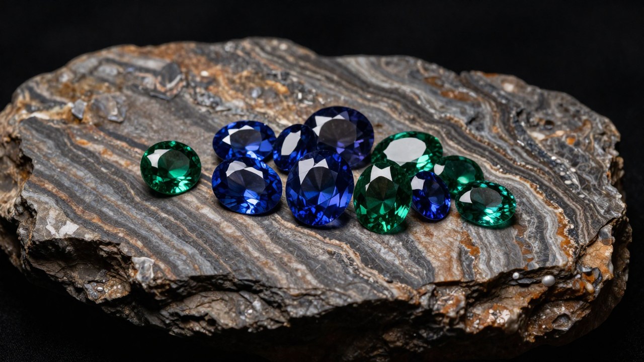 Joyas pulidas, como zafiros y esmeraldas, contrastan con una losa de roca cruda de su origen geológico.