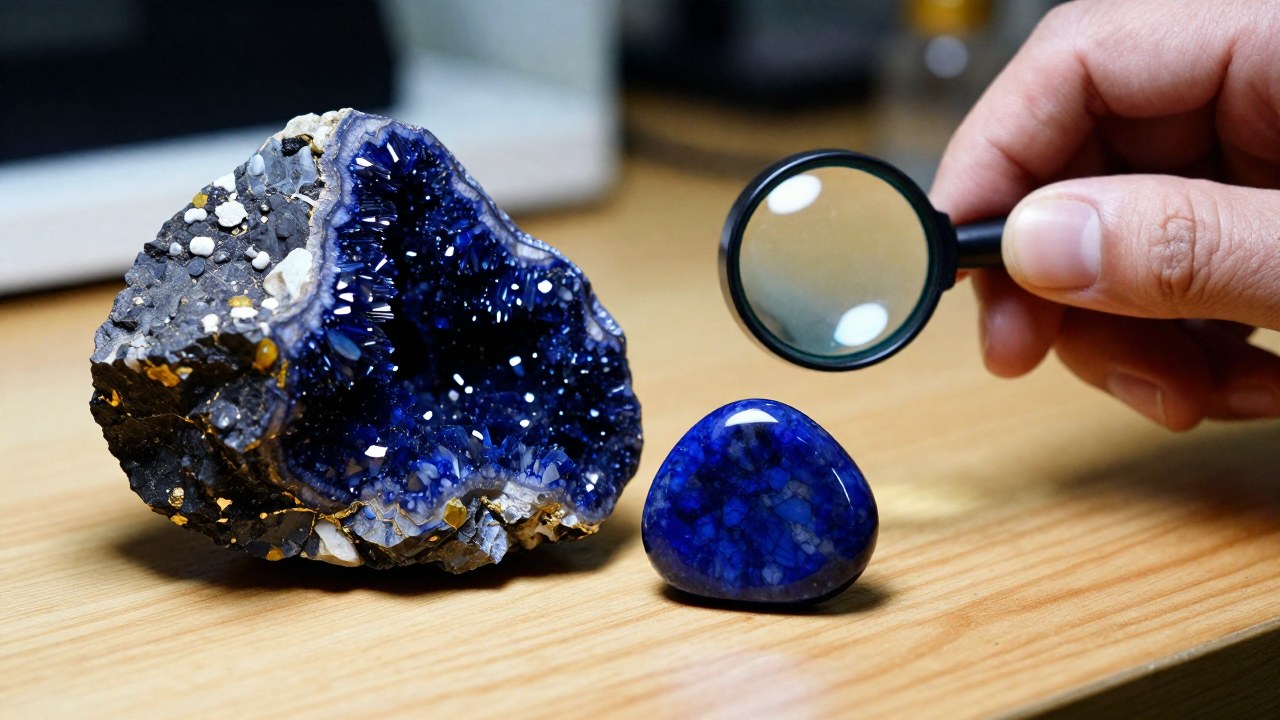 Manos expertas examinan una gema Blue John pulida junto a muestras de su roca matriz geológica.