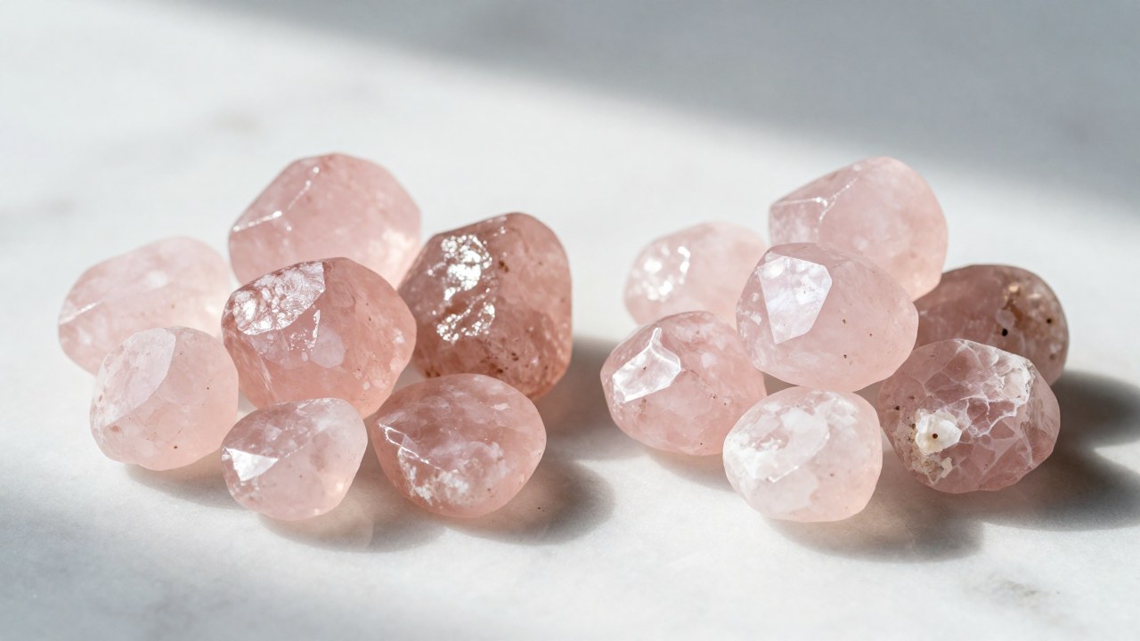 Comparativa de especímenes de cuarzo rosa genuino y sus imitaciones sintéticas en una superficie de mármol.