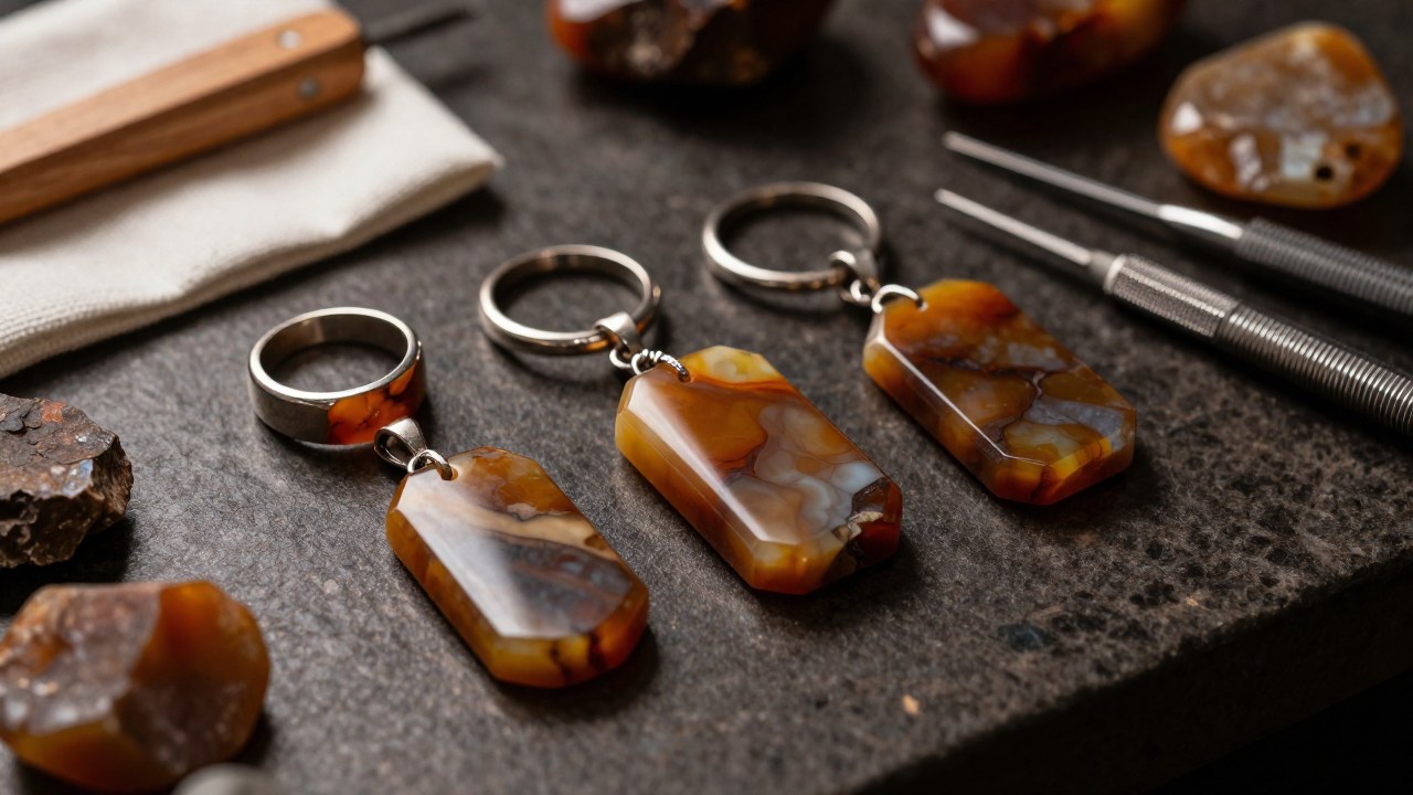 Joyería de jaspe marrón terminada junto a piedras crudas y herramientas de trabajo artesanal.