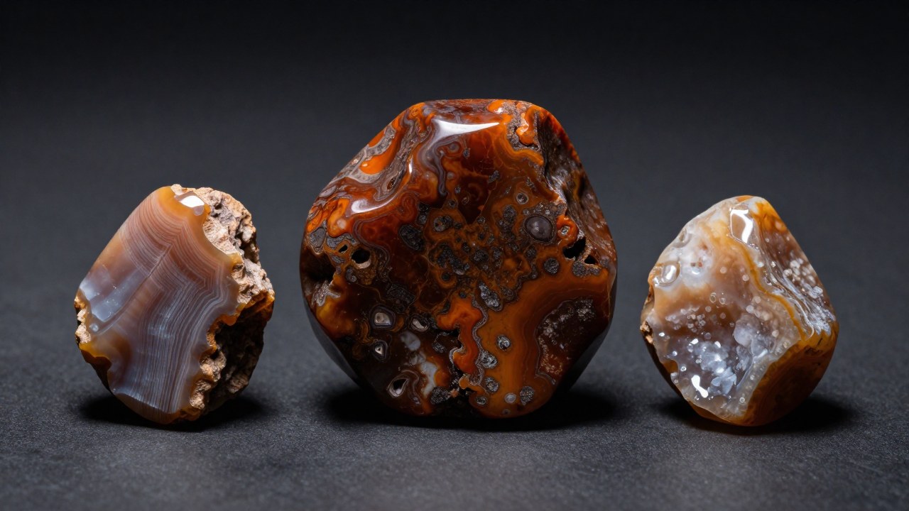 Tres especímenes geológicos pulidos, incluyendo jaspe marrón y dos muestras de cuarzo, expuestos en una vista macro.