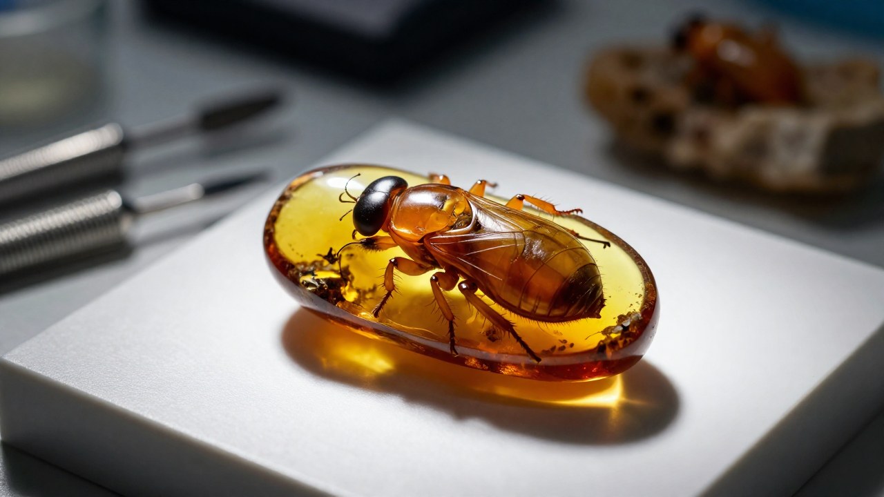 Insecto perfectamente preservado en ámbar dorado sobre una superficie de estudio científico.