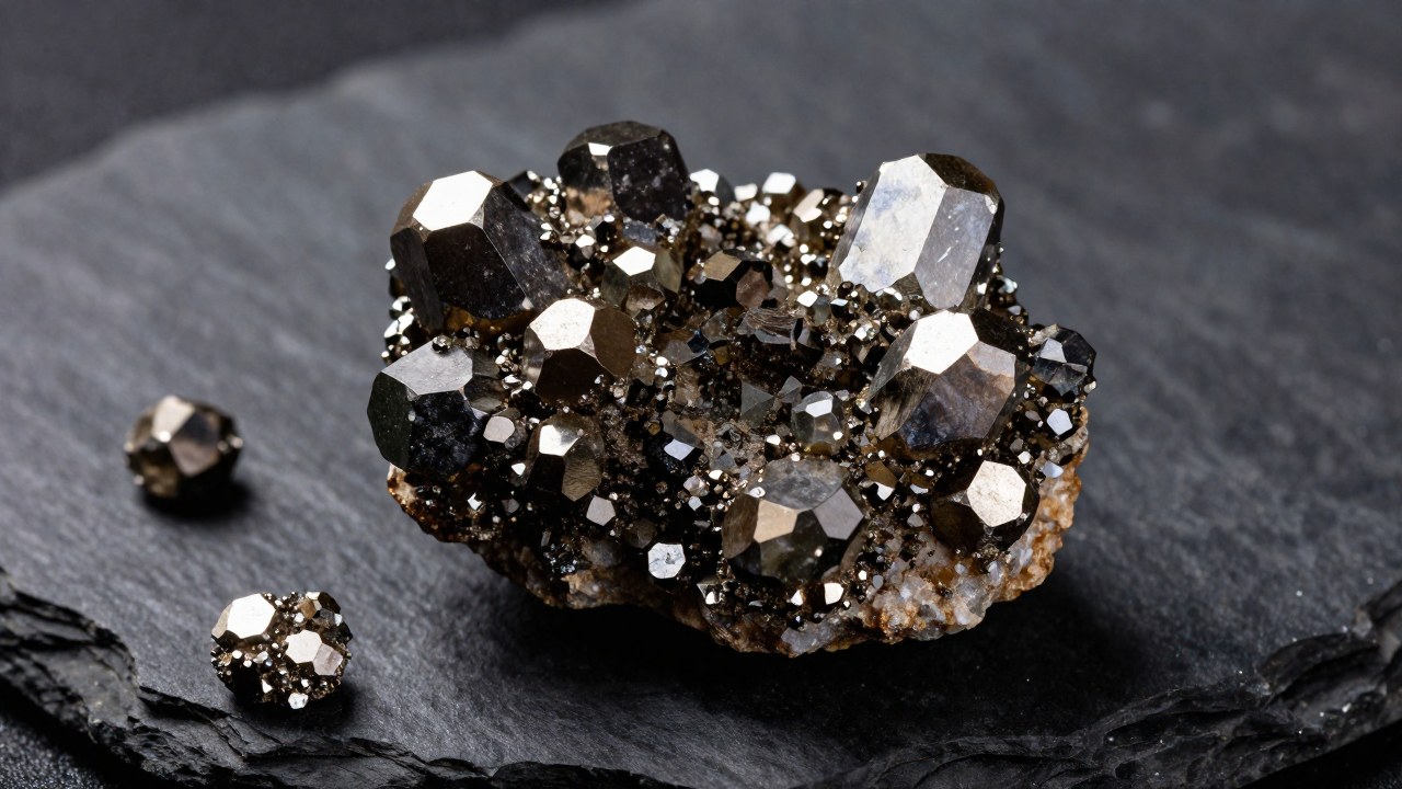 Agrupación de cristales de cassiterita mostrando sus estructuras geométricas complejas sobre una superficie geológica oscura.