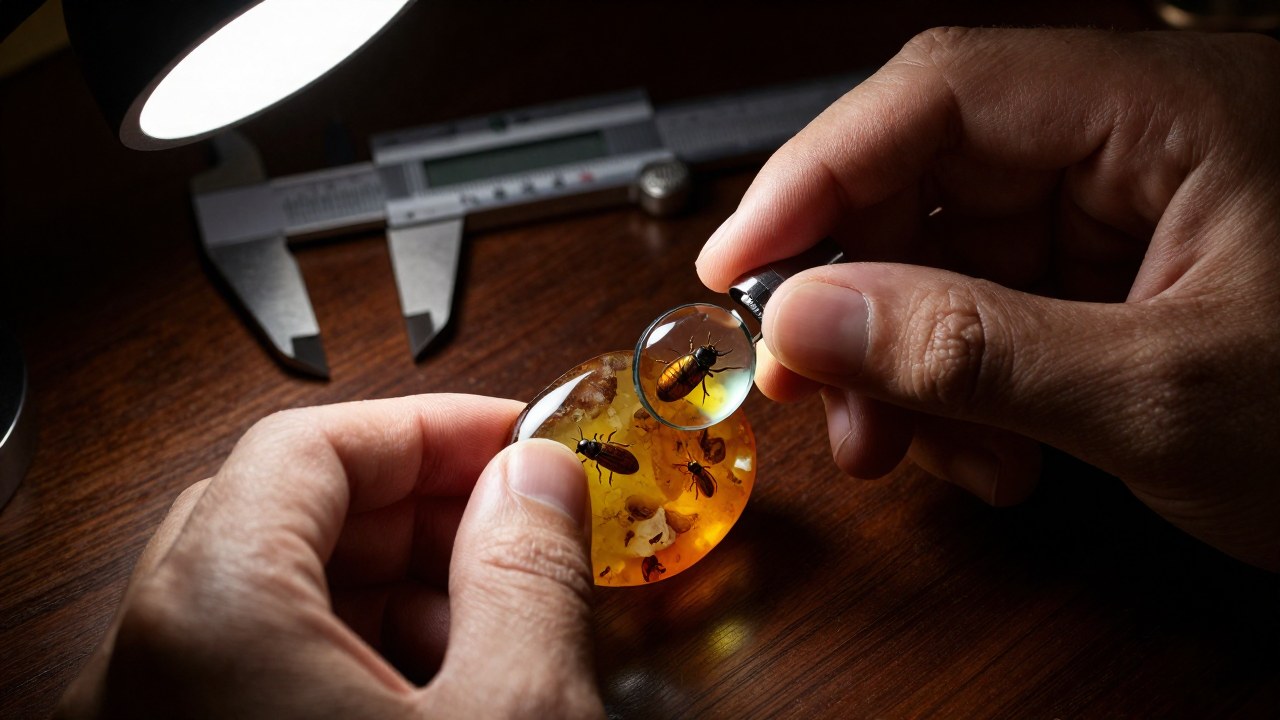 Manos examinando ámbar antiguo con inclusiones de insecto bajo una lupa en una mesa de madera.
