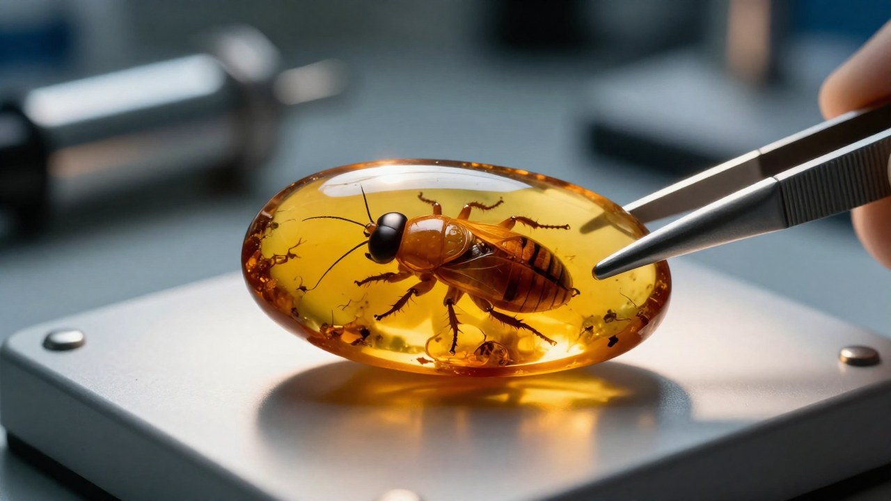 Ámbar transparente que encapsula un insecto fósil, colocado sobre una mesa de laboratorio para examen.