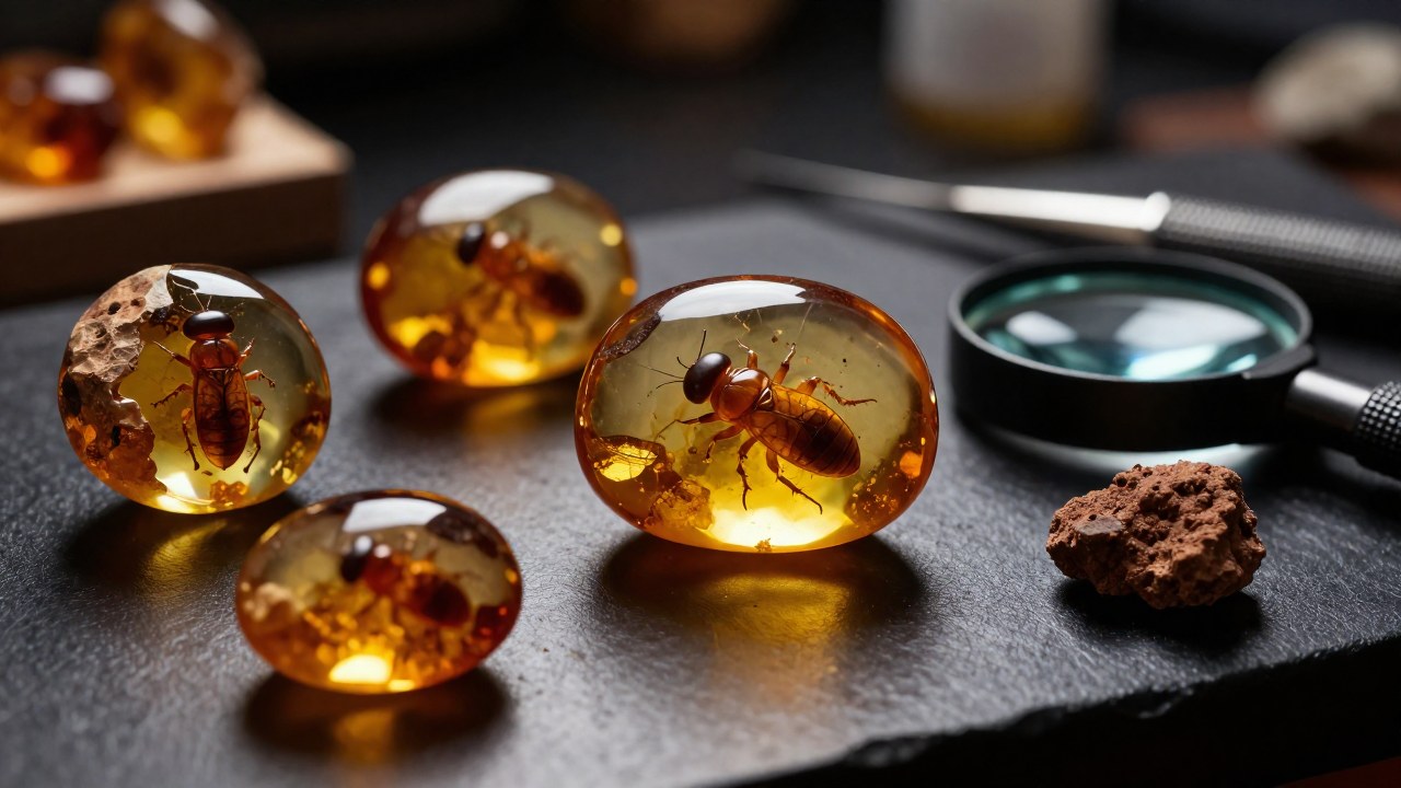 Ámbar de alta calidad con inclusiones de insectos dispuestas en una mesa de trabajo geológica junto a herramientas de autenticación.