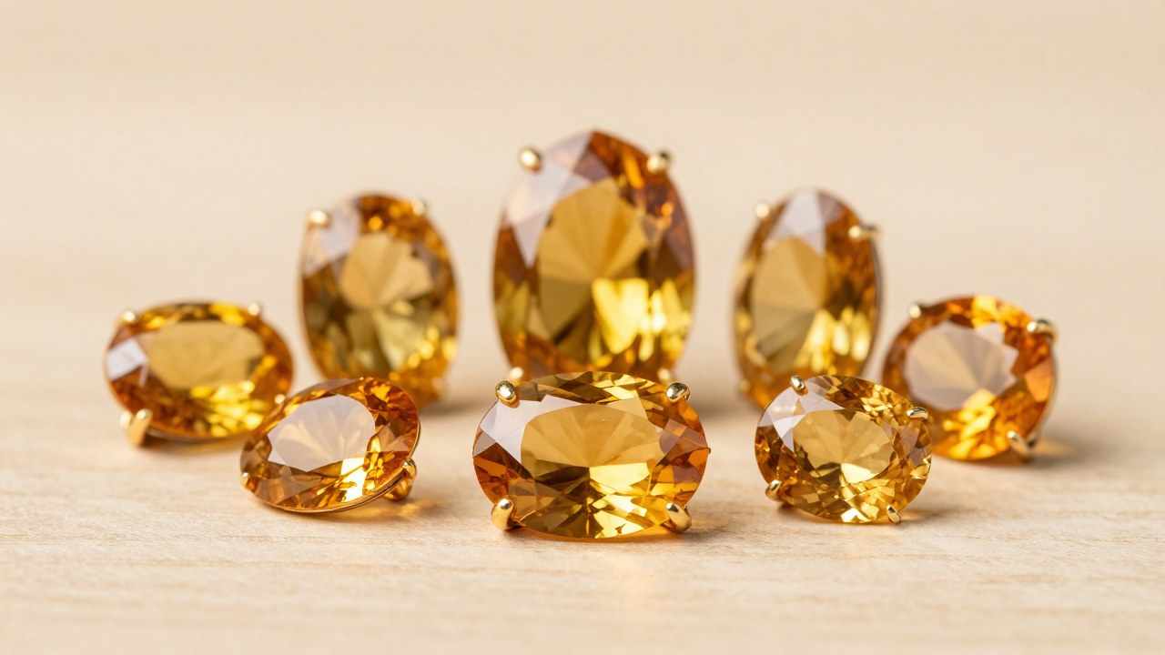 Varias piezas de joyería exhibiendo gemas de citrino natural, destacando su tono vibrante y calidad.