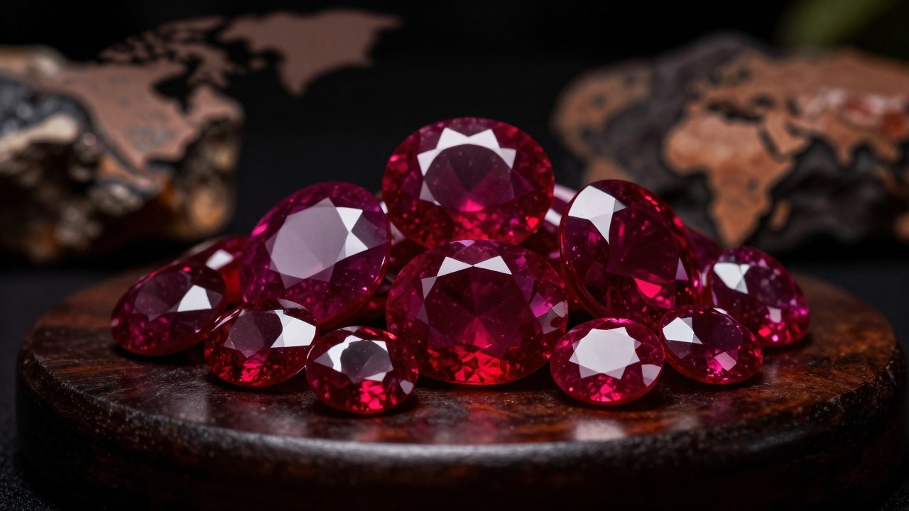 Exposición de rubíes naturales y pulidos provenientes de Myanmar, Tailandia y África sobre una superficie oscura.