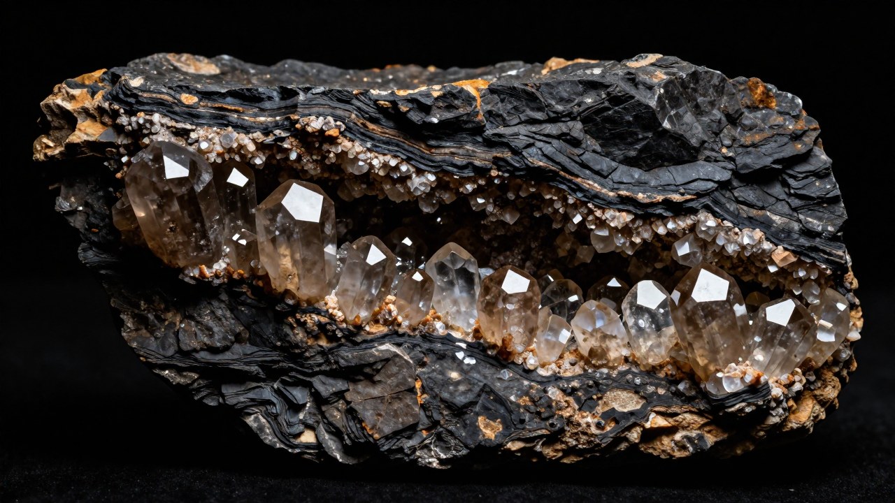 Cristales de cuarzo ahumado incrustados en estratos de roca metamórfica oscura.