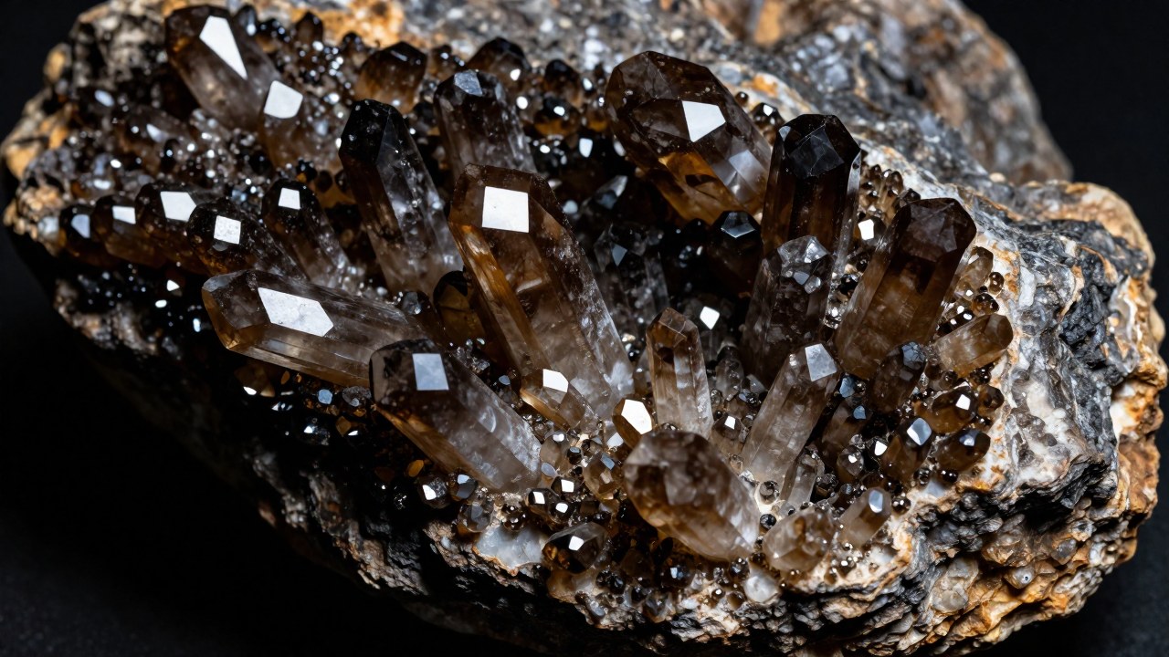 Cristales de cuarzo ahumado intrincados creciendo en una matriz geológica oscura y densa.