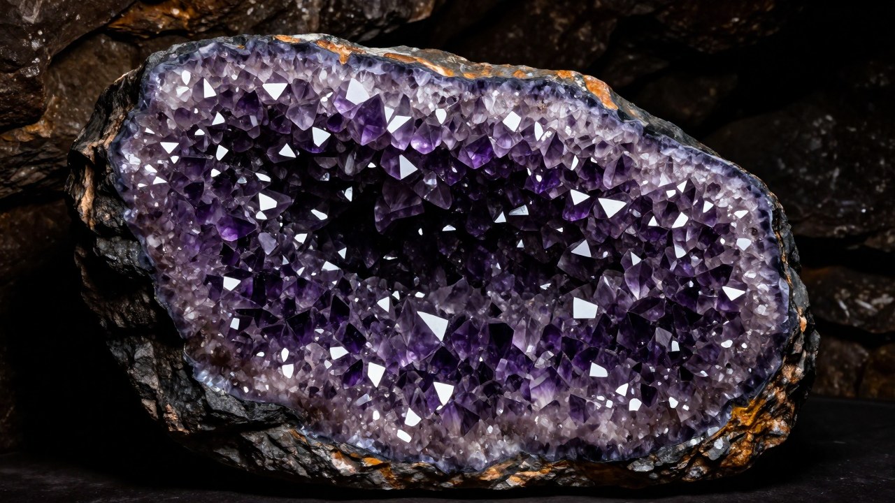 Cristales masivos de amatista púrpura emergiendo de una roca host oscura y rugosa.