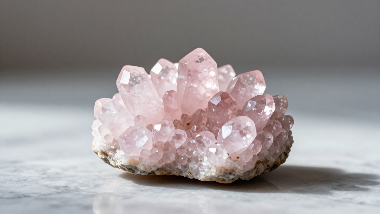 Clúster de cristales de cuarzo rosa sobre una superficie de mármol gris claro.