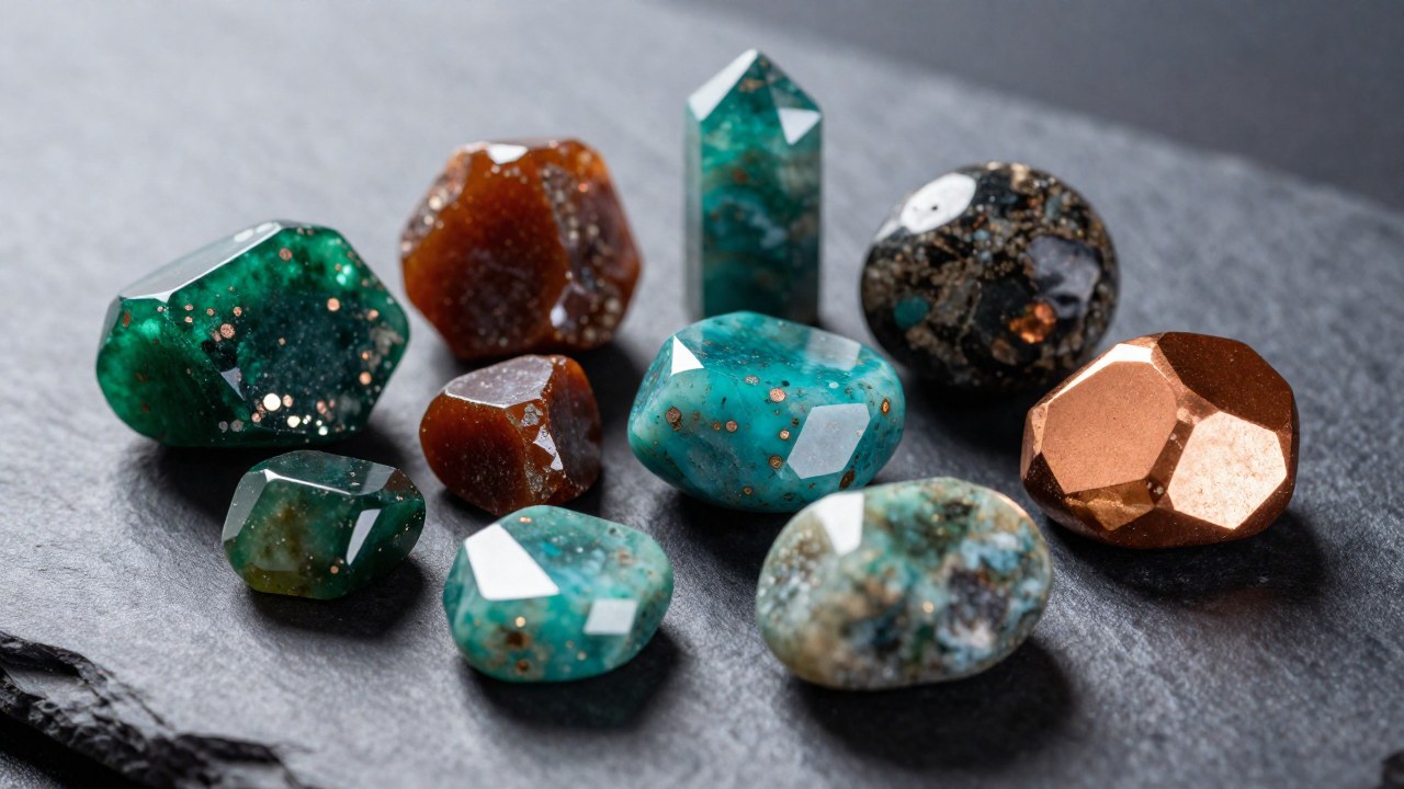 Múltiples especímenes de aventurina mineral mostrando una diversidad de tonos y brillo metálico.