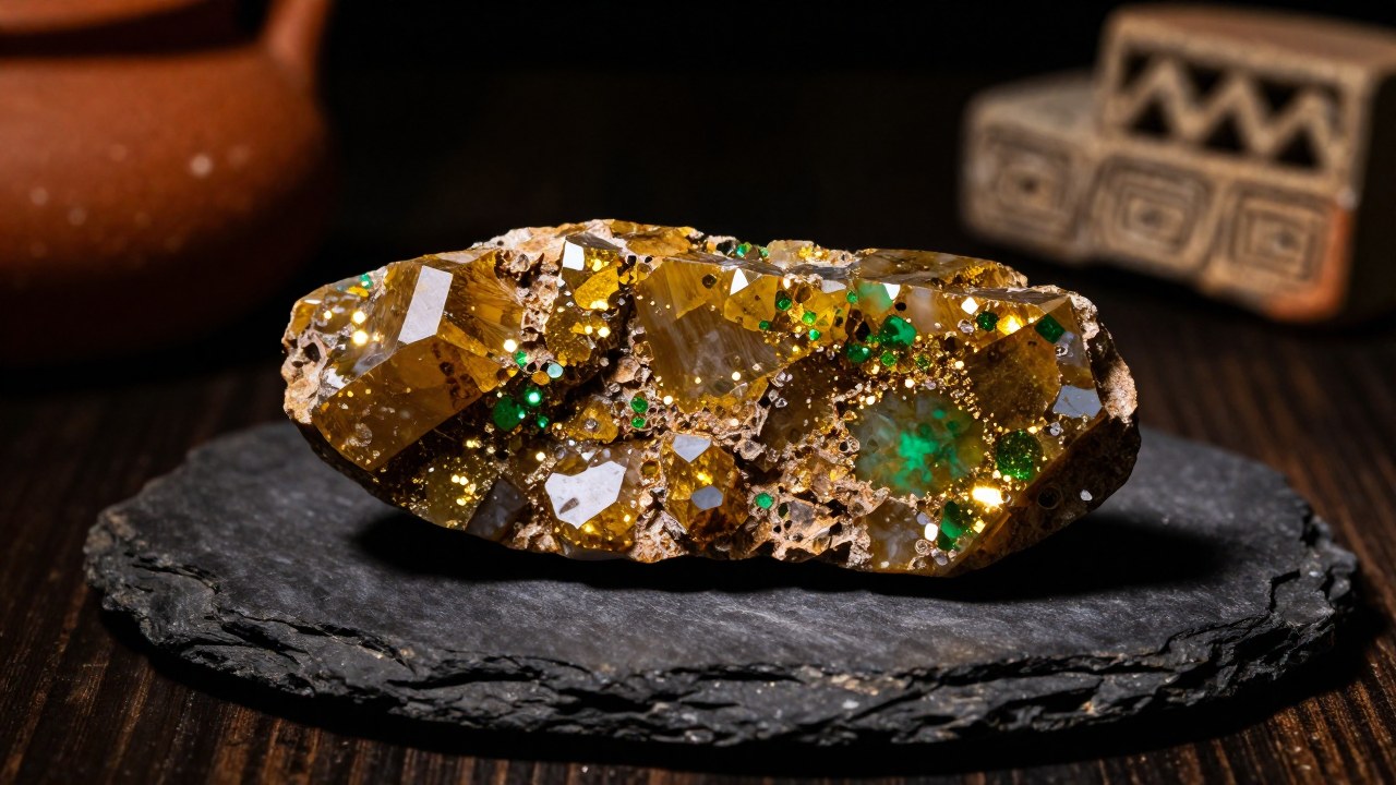 Aventurina pulida con inclusiones brillantes dispuesta junto a fragmentos de artefactos de piedra antigua.