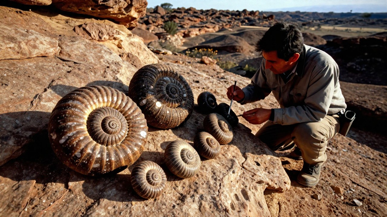 Paleontólogo examina petrificados ammonites detallados en un afloramiento rocoso en Coahuila.