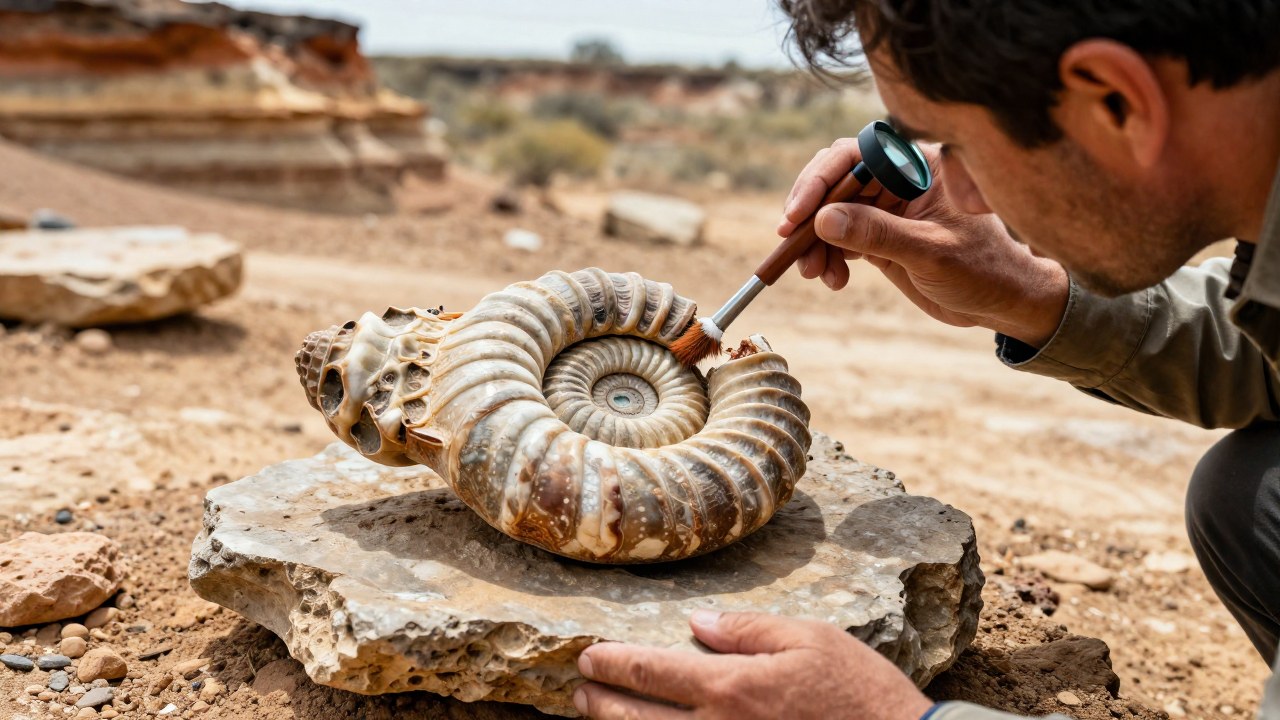 Paleontólogo examina un fósil de amonita petrificada en un sitio de excavación geológica.