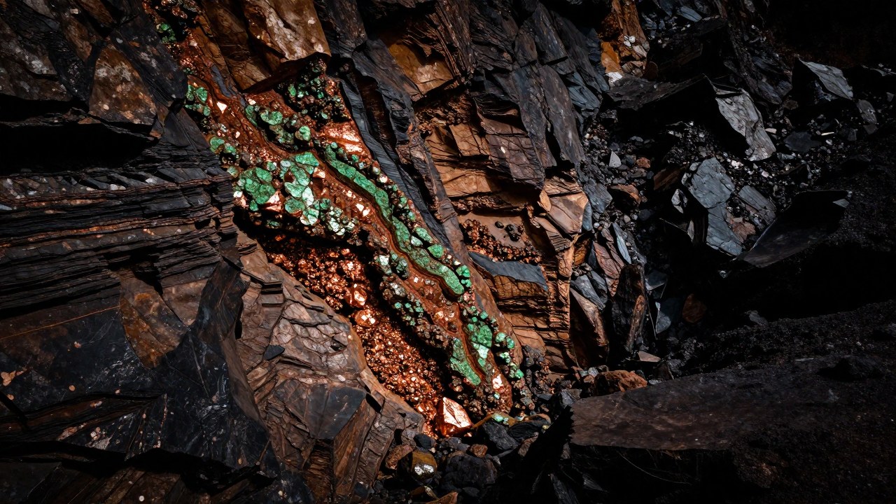 Sección transversal de un depósito mineral, mostrando capas estratificadas y vetas de calcopirita y sulfuros.