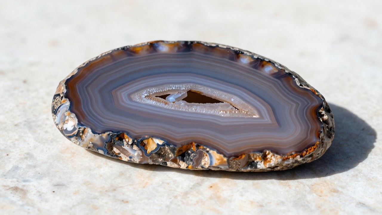 Una losa de ágata pulida muestra sus patrones concéntricos sobre una base de travertino claro.