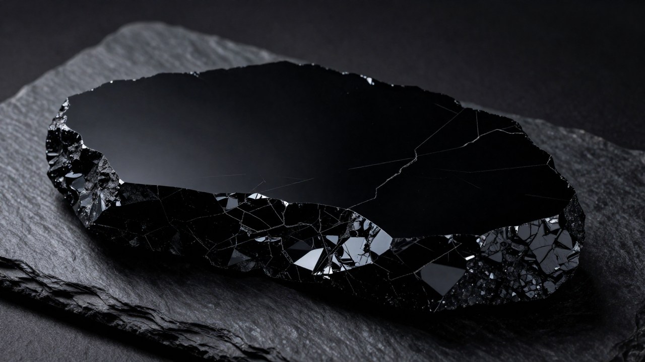 Losa de obsidiana negra con fracturas cristalinas que reposa sobre una superficie de pizarra oscura.