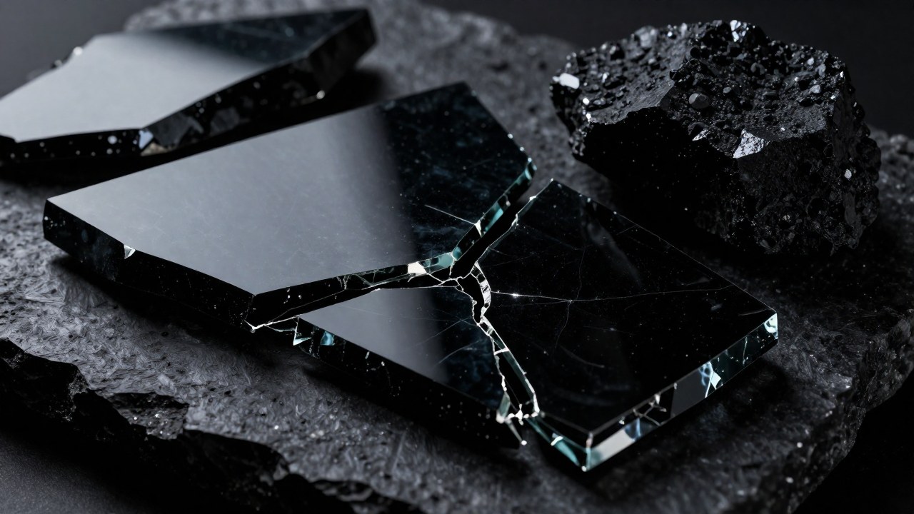 Fragmentos de obsidiana negra fracturados sobre una losa de mineral oscura, enfatizando su textura vítrea y bordes afilados.