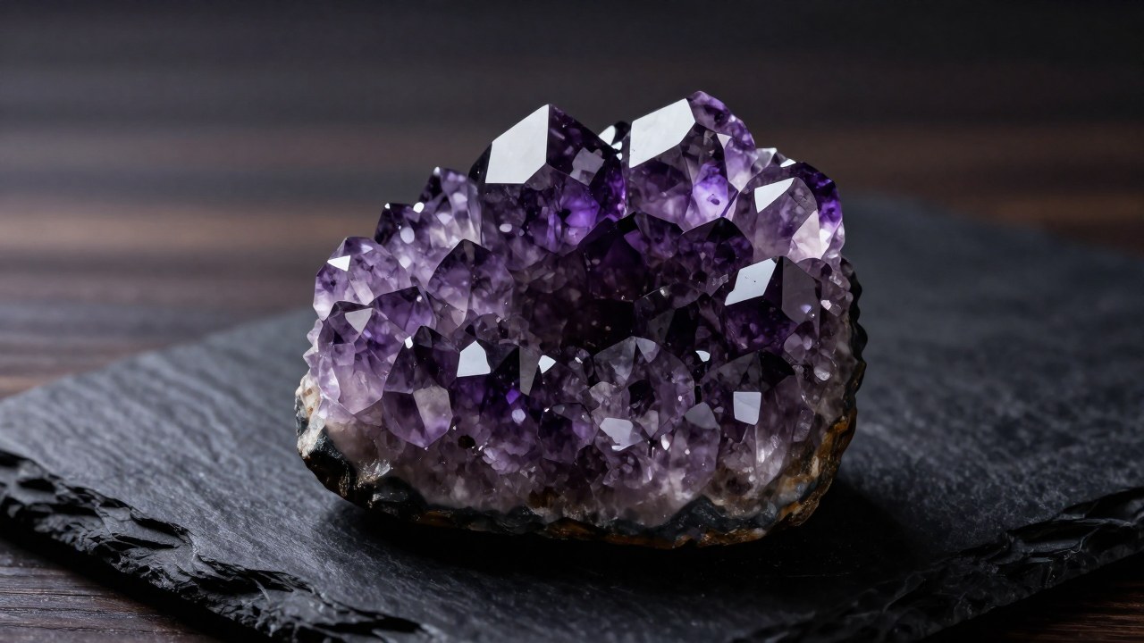 Gran cúmulo de cristales de amatista púrpura con estructura hexagonal sobre una superficie oscura.
