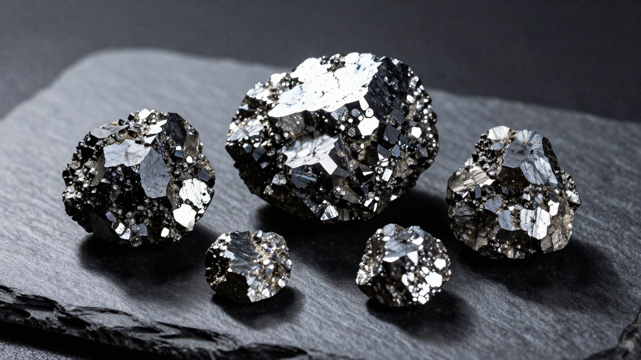Clúster de especímenes de galena cruda sobre una superficie de pizarra pulida, mostrando su brillo metálico oscuro.