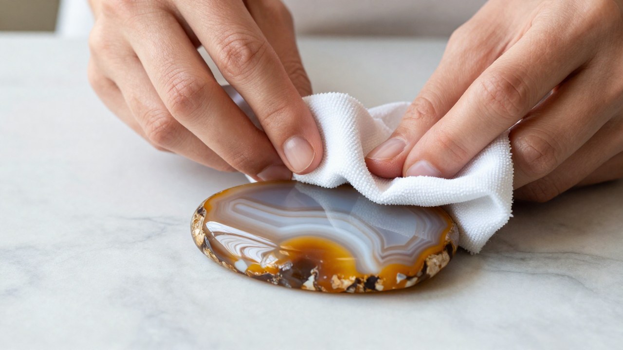 Manos puliendo cuidadosamente una pieza de ágata con vetas naturales en tonos blanco, ámbar y gris.