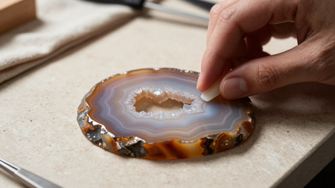Manos cuidadosamente puliendo una fina y traslúcida lámina de agata veteada en un taller artesanal.