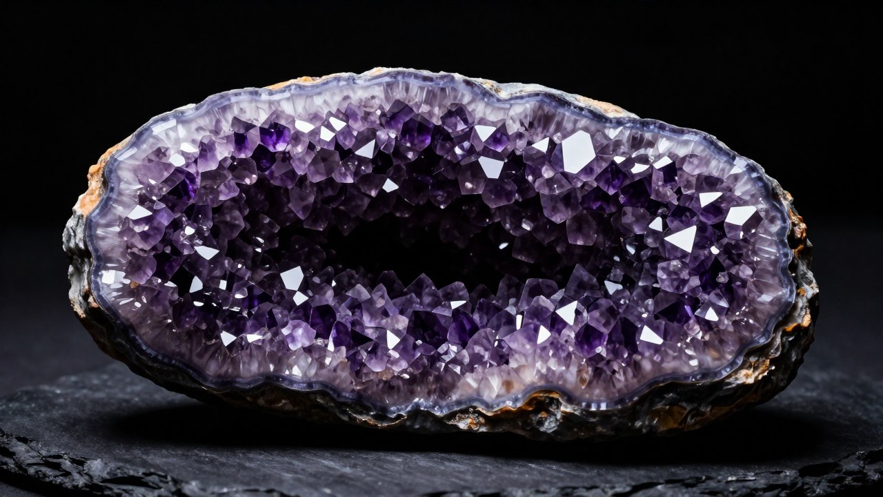 Sección transversal detallada de geoda de amatista, destacando su vibrante estructura de cristales púrpura.
