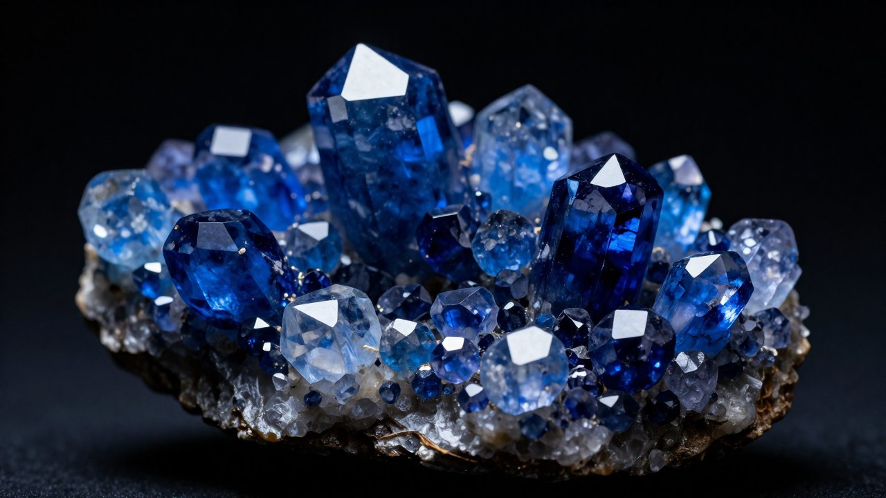 Cristales de turmalina azul brillante emergen de una matriz geológica oscura.