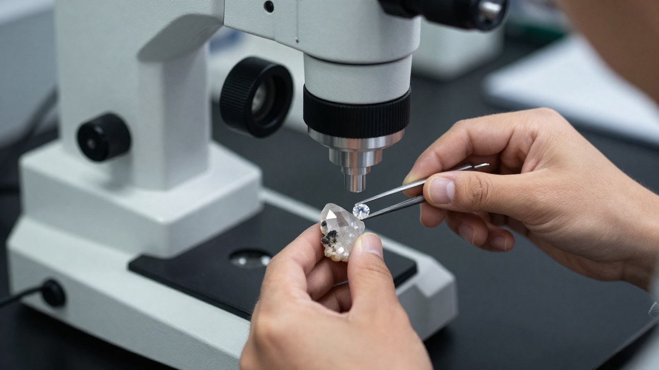 Manos de un gemólogo examinando meticulosamente un cuarzo ahumado junto a un diamante en laboratorio.