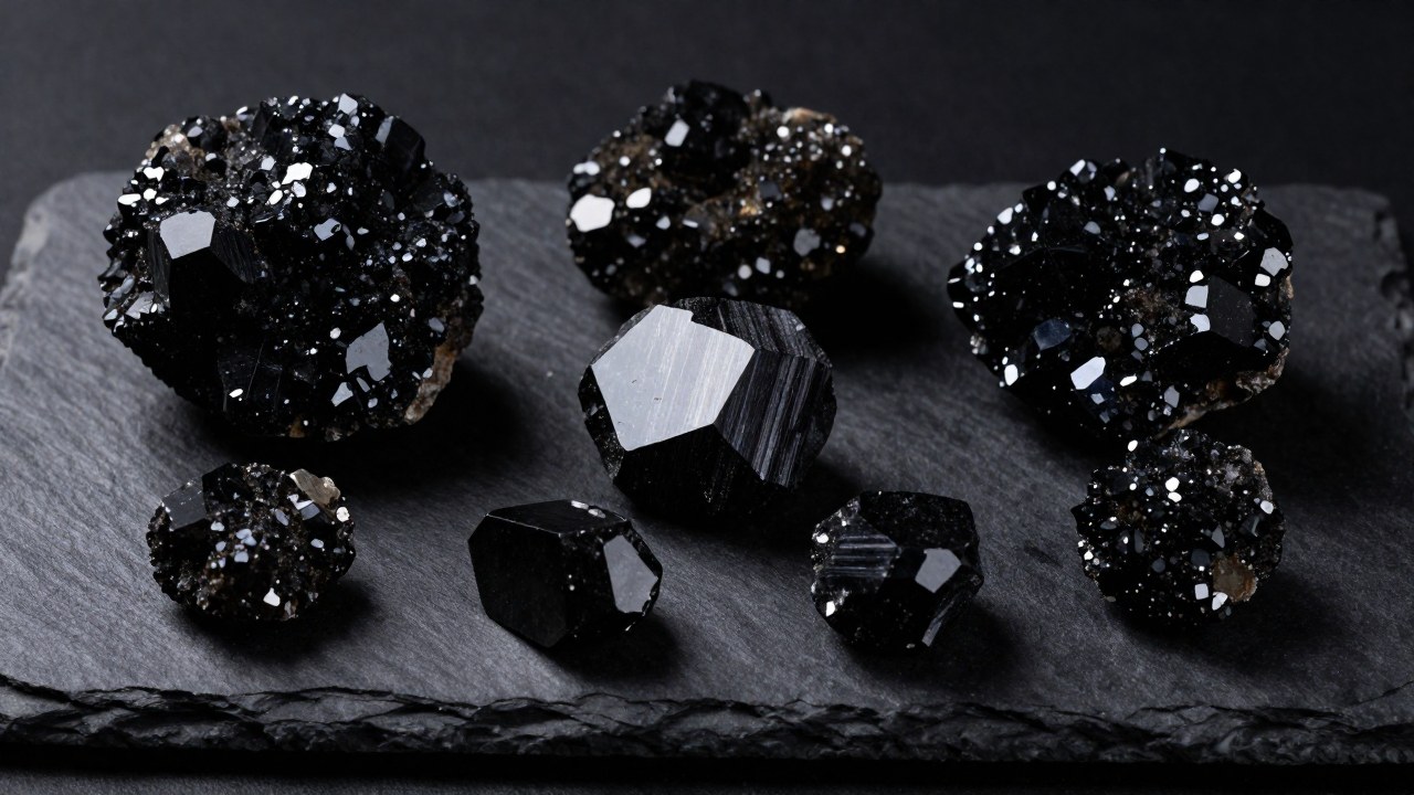 Detalle de muestras de minerales cristalinos negros y pulidos sobre una superficie de pizarra oscura.