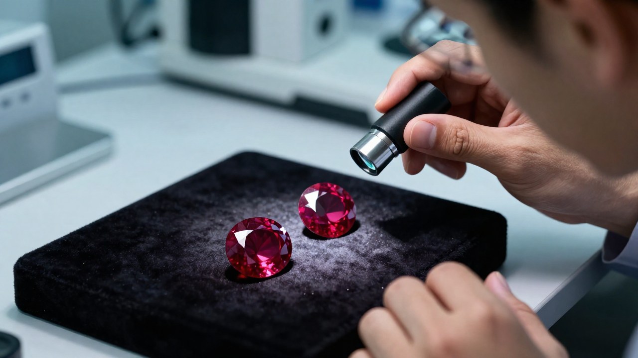 Gemólogo examina piedras rojas para distinguir un rubí auténtico de una imitación mineral.