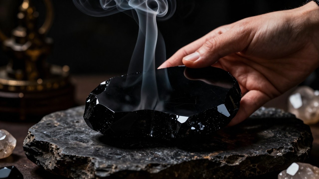 Una mano interactúa con una obsidiana pulida sobre una superficie de piedra rústica con cristales.