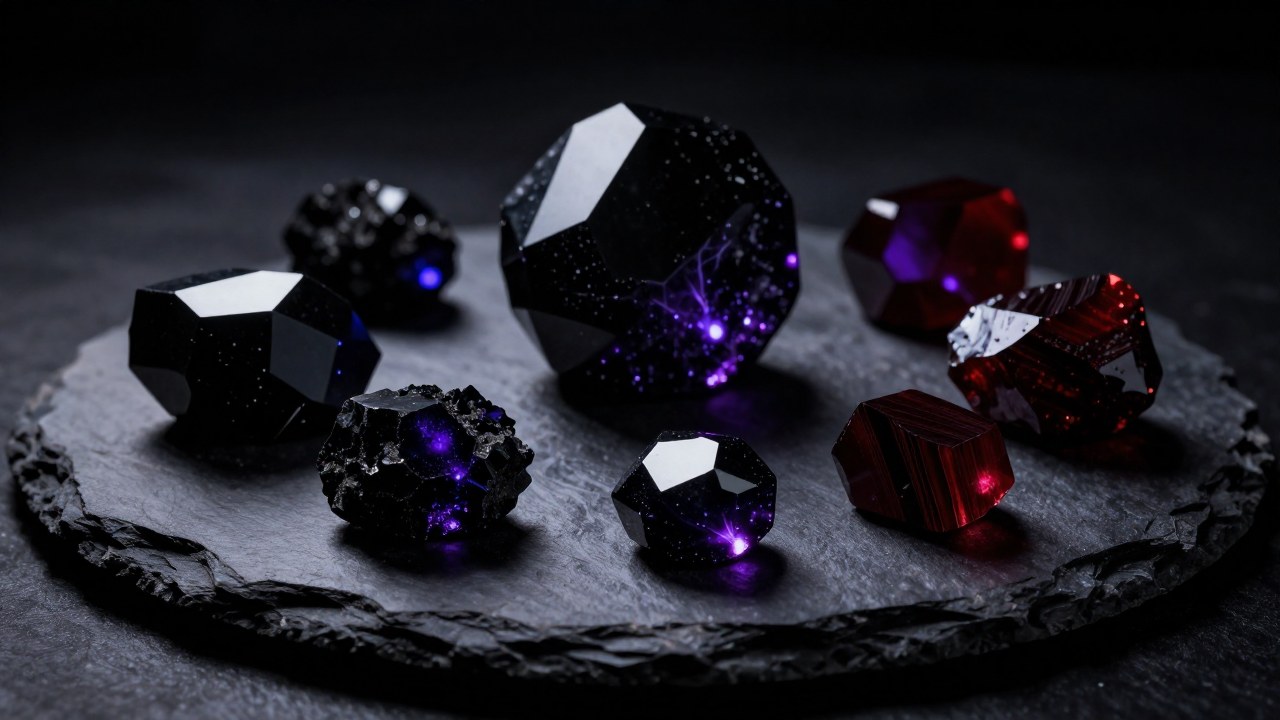 Obsidiana de tonos negros y rojos dispuestos en una superficie de pizarra, con un sutil resplandor púrpura.