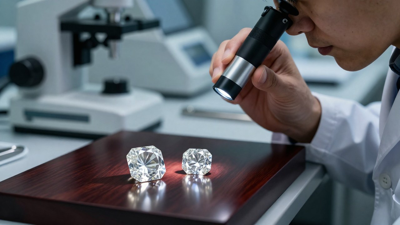 Un gemólogo examina dos diamantes en contraste: uno con inclusiones naturales y el otro impecable.