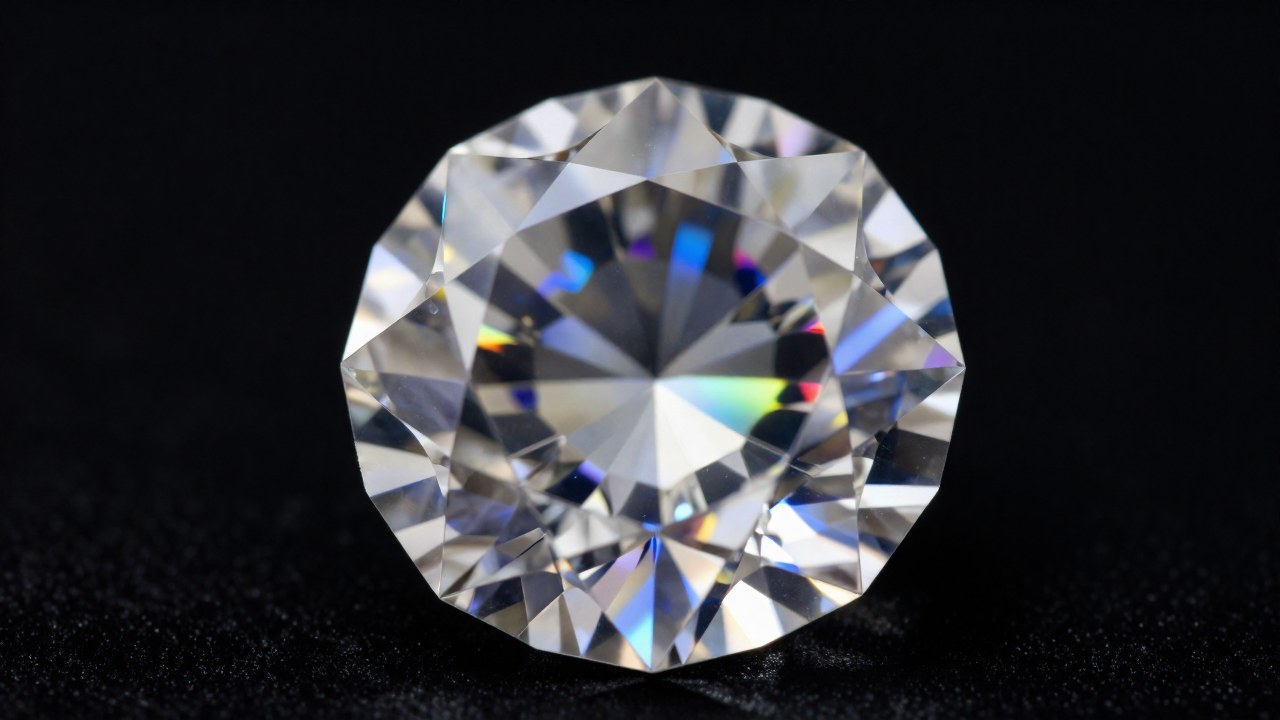 Diamante perfectamente tallado exhibiendo intensa refracción y destello espectral sobre fondo oscuro.