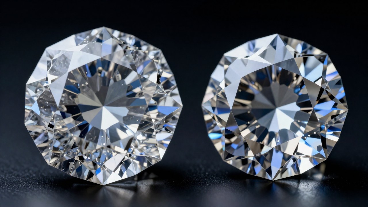 Visualización comparativa de las estructuras cristalinas atómicas de un diamante natural y uno sintético.