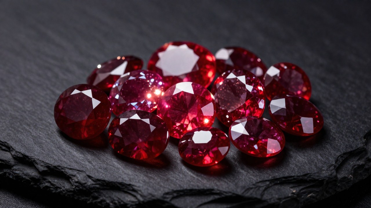 Rubíes naturales crudos sobre pizarra oscura, destacando su intensa tonalidad roja y estructura cristalina.